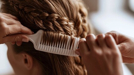 Naklejka premium Hands expertly styling braided hair using a comb, focusing on the intricate details of a sophisticated hairstyle and grooming