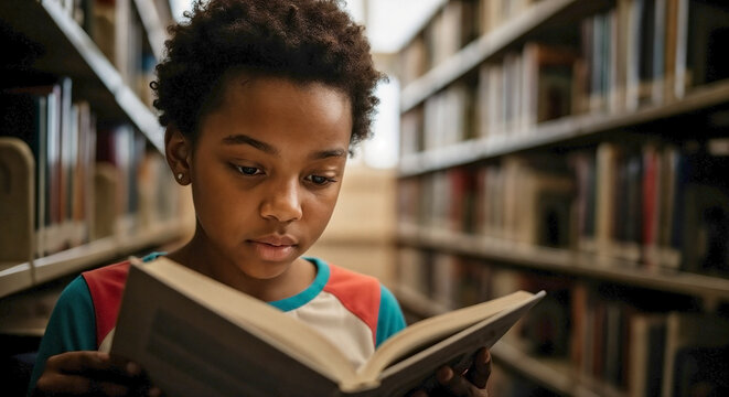 African American girl reading book in library, deeply focused on every page. Young student quietly absorbed in stories, surrounded by academic volumes, showing deep interest in knowledge.