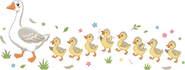 Set of sweet family water birds with mom goose and small yellow baby ducklings walking together on white background graphic illustration © Mehedi