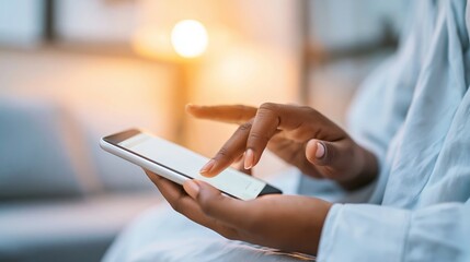 Fototapeta premium Woman's hand tapping mobile screen, exploring digital retail app, making electronic payments, engaging in modern ecommerce