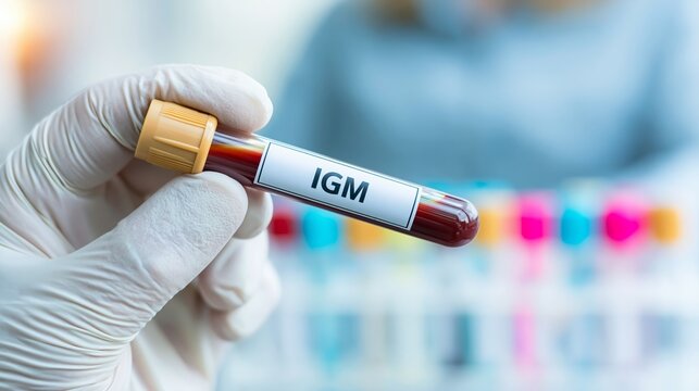 Medical professional gloved hand holding a blood sample tube labeled IgM, indicating infection or immune response research