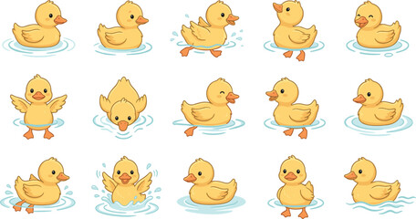 Fototapeta premium Set of adorable little baby duck illustrations showing various water activities like diving splashing and waving for kids nursery apparel print