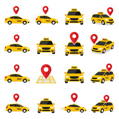 Fototapeta premium yellow taxi icons with location pin for urban transport apps