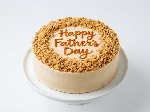 Delicious round fathers day cake with crumbly topping and happy message on plate