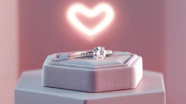 A diamond ring is placed on a stand in a jewelry shop. A glowing heart shape appears behind the ring. The shop is bright and inviting, showing off the ring&rsquo;s beauty