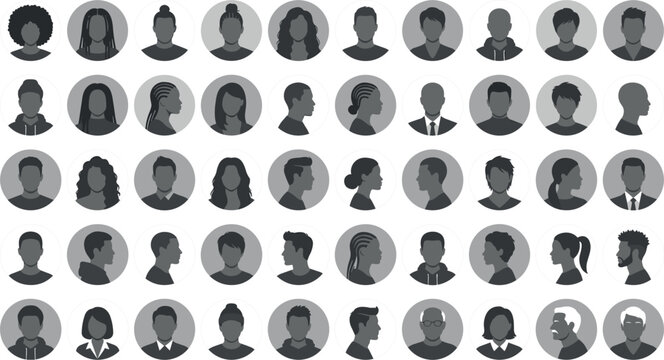 Set of flat profile silhouettes showing side view and front portrait characters for community members corporate team and social media account graphic