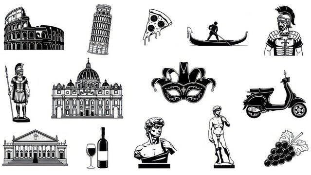 Icon set of classic italian culture and landmarks in black and white vector style