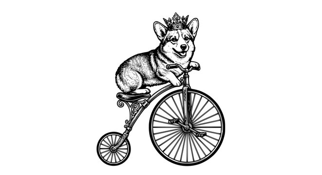 corgi dog, penny farthing, vintage bicycle, crowned dog, cute corgi, black and white dog illustration, funny animal art, royal corgi, whimsical dog, hand drawn outline engraving vector illustration de