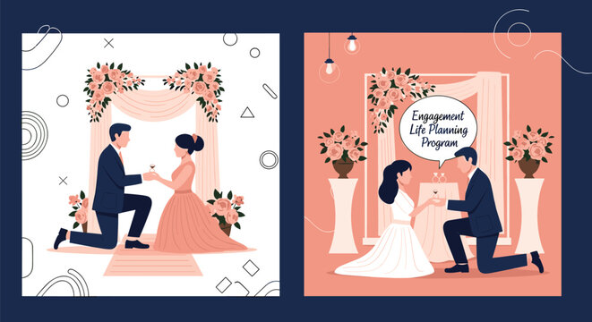Two illustrations showing romantic scenes of men kneeling down and proposing with an engagement ring to their partners in floral settings.