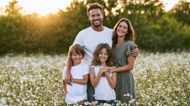 Happy family of four enjoying time together in a blooming meadow under golden sunset light, embracing love and togetherness