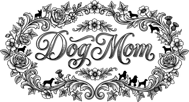 dog mom, floral wreath, dog lover gift, rose border, dog silhouettes, black and white floral, mother dog, pet mom, ornate frame, hand drawn outline engraving vector illustration design
