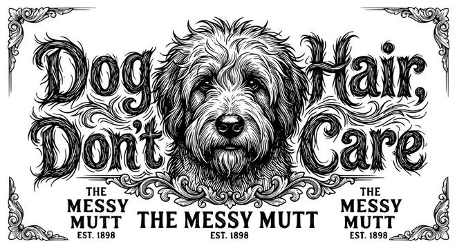 dog hair don't care, messy mutt, shaggy dog, funny dog art, dog groomer, curly dog, black and white dog portrait, pet humor, the messy mutt, hand drawn outline engraving vector illustration design
