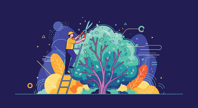 Professional gardener standing on ladder and trimming lush green tree branches with pruning shears in stylized garden.