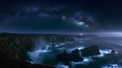 Fototapeta premium Milky Way Galaxy Arcing Over Coastal Cliffs and Ocean Lighthouse Night Landscape