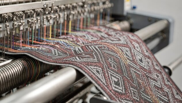 Medium shot of a weaving loom producing intricate geometric jacquard patterns on elastic waistbands highlighting precision craftsmanship and detailed textile work.
