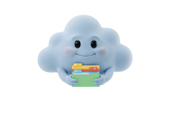A cute 3d blue cloud character with a smiling face holding a green document folder, isolated on a white background, for web and app