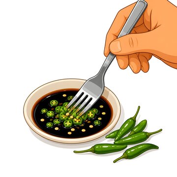 Crushing Bird's Eye Chilies into Soy Sauce with a Fork
