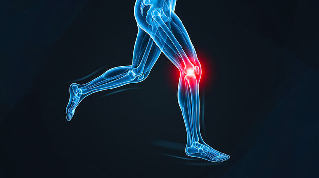 Digital human leg skeleton anatomy with glowing red knee joint pain illustration