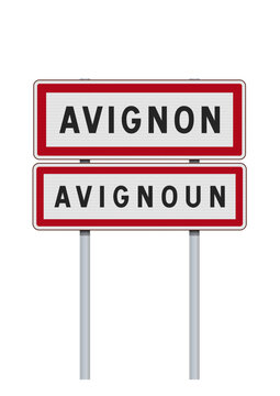 Panneau d'entr&eacute;e de la ville d'Avignon (Vaucluse) avec la traduction Avignoun en Proven&ccedil;al