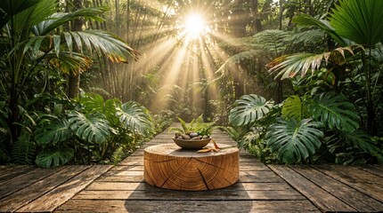 Obraz premium Tropical jungle scene with sun rays falling on a wooden stump pedestal and boardwalk for product display background