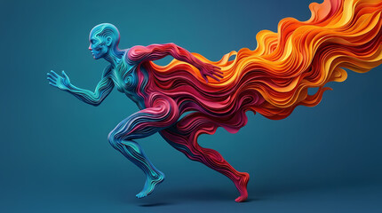 Obraz premium Abstract paper cut runner sprinting with vibrant flowing shapes ,motion and flowing colorful energy waves