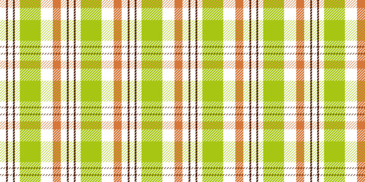 Seamless checkered pattern in light green, orange and white tones, diagonal geometric hatching for textiles and packaging
