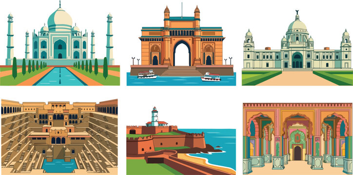 Collection of famous Indian landmarks and architectural wonders in a stylized vector illustration