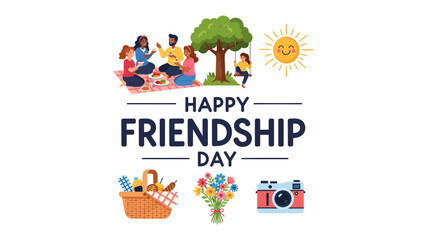 Fototapeta premium Happy Friendship Day Celebration: A vibrant illustration depicting a group of friends enjoying a picnic under a tree on a sunny day, celebrating the bond of friendship.