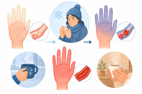 Raynaud phenomenon hands color phases illustration
