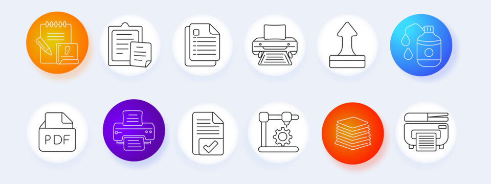 File set icon. Notebook writing, clipboard document, printer device, upload symbol, stacked paperwork, pdf format, approved certificate, industrial printing, office administration, digital records