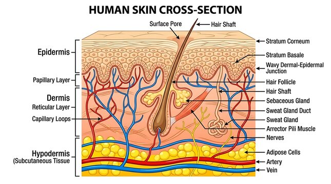 Detailed medical illustration of human skin cross-section anatomy with epidermis