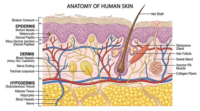 Anatomical diagram showing layers of human skin structure with cross section