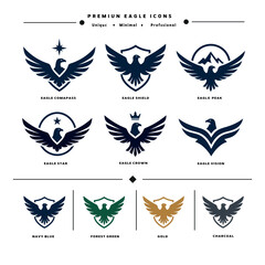 Naklejka premium Premium eagle logo design templates set. Luxury heraldic bird vector icons for corporate branding, security, and heraldry emblem design.