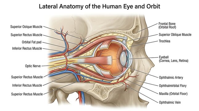 Detailed lateral anatomy illustration of human eye orbit and muscle structure