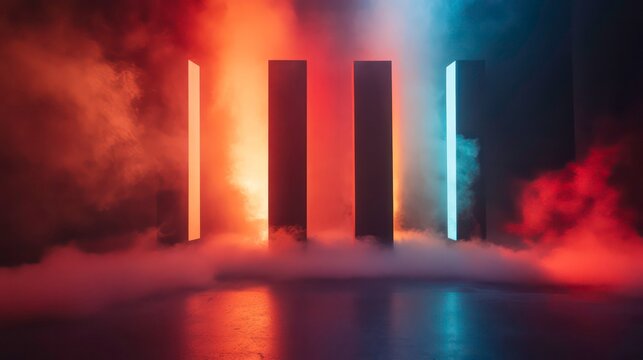 Stage Setup with Red, Orange, and Blue Spotlights and Smoke