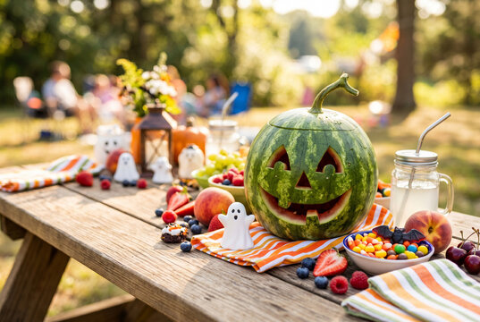 Carved watermelon jack‑o‑lantern centerpiece on picnic table with fruits candy and ghost decorations for halloween picnic party and seasonal display