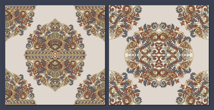 Vintage Batik Floral Pattern with Wayang Mask for Tile, Scarf, Rug, Gift Wrap, and Label Design