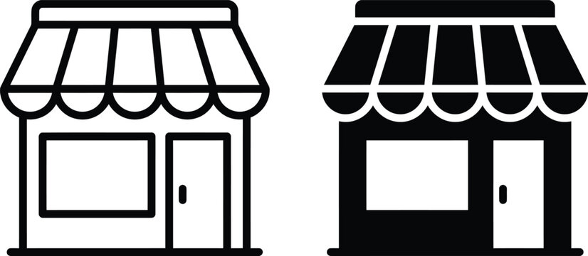 Small store building icon set collection as vector illustration with two variations including line and solid black shop graphics on a transparent background for commercial use.