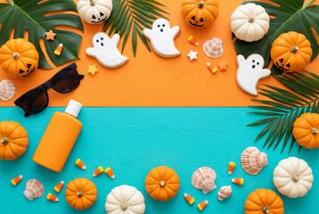 Fototapeta premium Summer halloween flat lay with pumpkins ghost cookies candy corn and tropical props for seasonal background and banner design