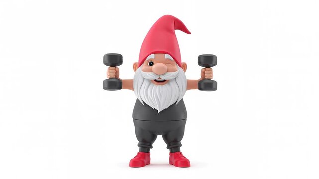 Funny cartoon gnome with dumbbells isolated on white background, animation