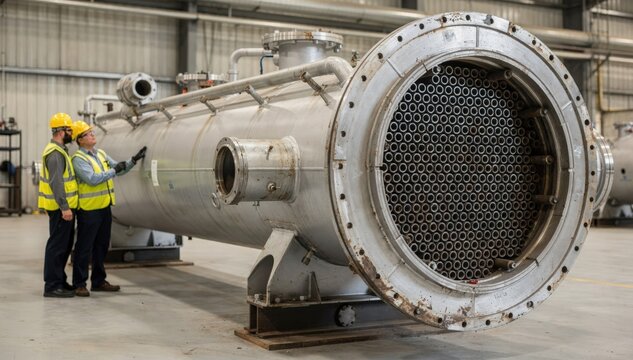 Medium shot of a shellandtube heat exchanger with openhead design showing detailed internal tubes during routine maintenance and inspection.