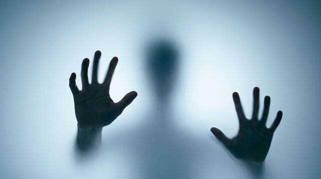 Mysterious silhouette pushing hands against frosted glass, creating an unsettling atmospheric vision of human confinement