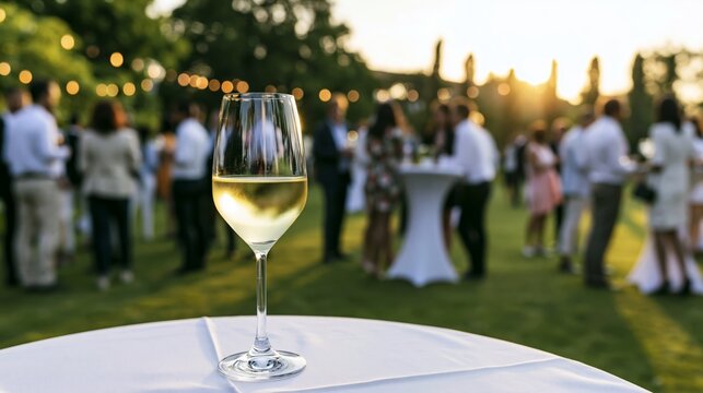White wine glass on cocktail table at an elegant outdoor social event with people gathering in garden