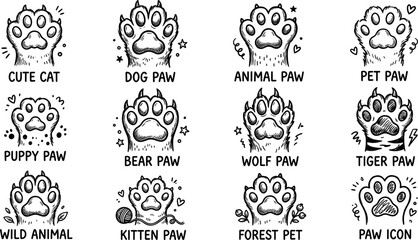 Hand drawn vintage style animal paw print icons set featuring dog cat bear wolf and tiger footprints vector © MstYasmin