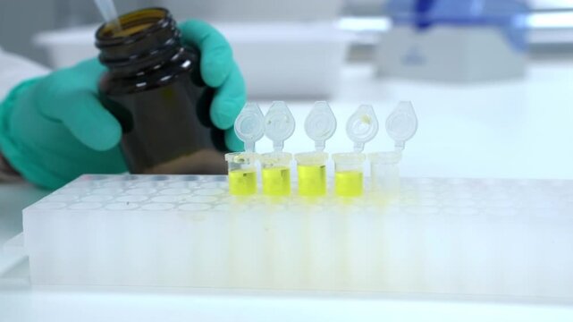 Scientist handling laboratory samples and transferring liquid reagents into microcentrifuge tubes during biomedical research.