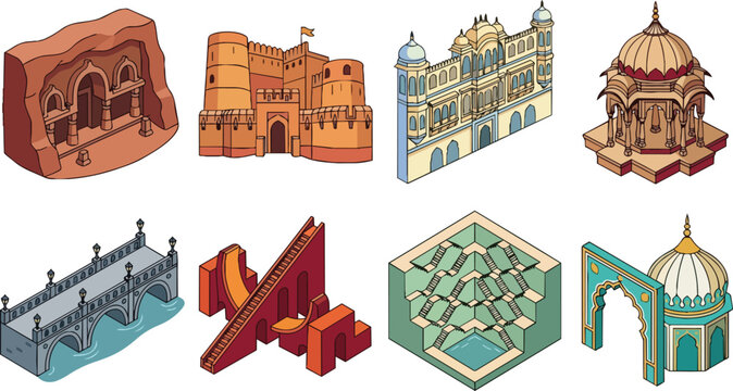 Collection of diverse Indian architectural landmarks and historical structures in isometric vector style