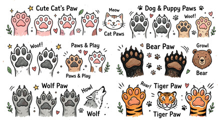 Cute hand drawn animal paws collection featuring cat dog wolf bear and tiger footprints with text elements vector © MstYasmin