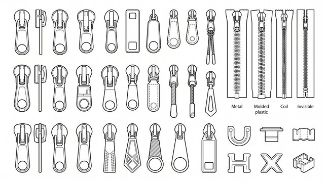 Zipper Components Set: Sliders, Pull Tabs, Metal, Plastic, Coil and Invisible Zippers Technical Line Art Illustrations