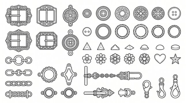 Set of Fashion Accessories and Hardware Line Art Icons - Buckles, Buttons, Clasps, and Jewelry Components
