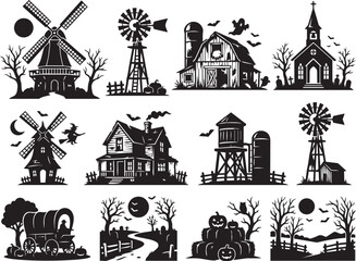 Obraz premium Premium Halloween Windmill Collection Featuring Rural Landscapes Traditional Mills And Seasonal Countryside Assets